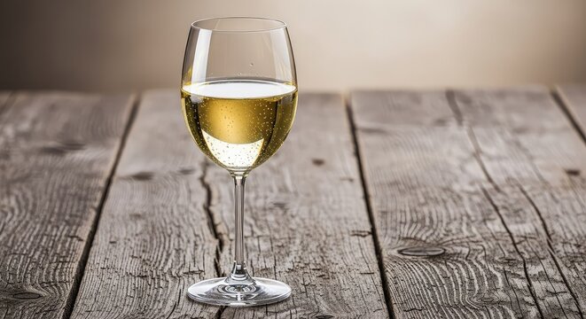 Elegant crystal stemware filled with chilled pale yellow white wine stands on a rustic wooden surface against a soft blurred background, luxury, chardonnay, refreshment