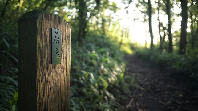 Wooden trail marker post in green forest