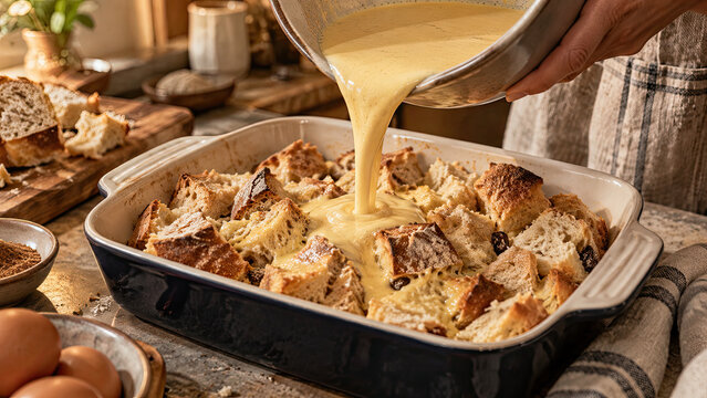 Close-up of torn pieces of stale bread being poured with a warm custard mixture in a baking dish. Stale bread dessert transformation concept.