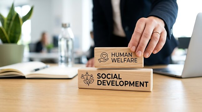 Business professional stacking wooden blocks with human welfare and social development text labels on office desk