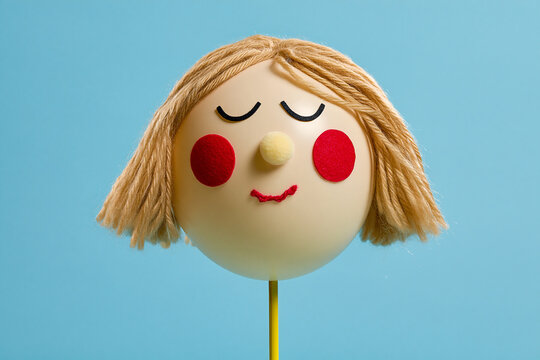 Sleeping balloon girl character with blonde yarn bob and rosy cheeks