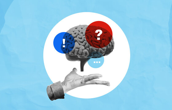Business decision making concept with sketch brain, question symbols, reaching hand, and communication thoughts on blue background.