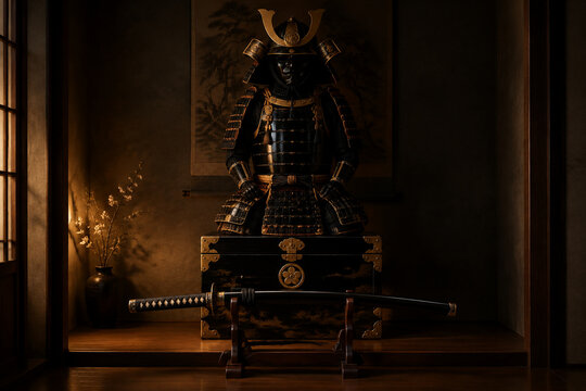 Bushido still life with samurai armor and katana in dark alcove