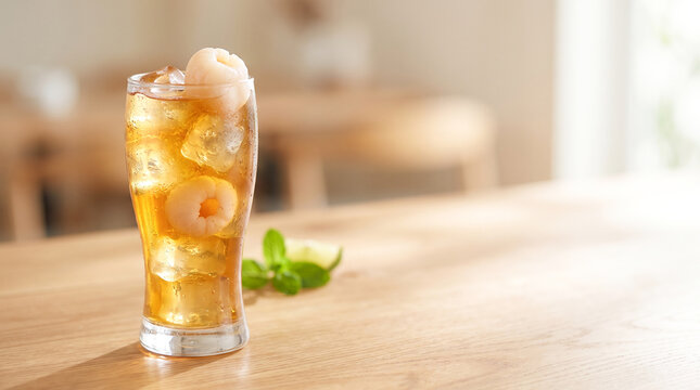 Cold Lychee Tea with Two Fresh Lychees for Refreshing Summer Beverage