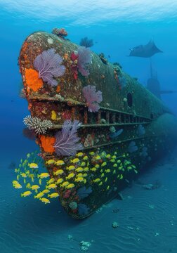 The rusted hull of a massive submarine rests on the dark sandy floor of the deep ocean, surrounded by coral growth and aquatic marine life, abyss, hull, sand