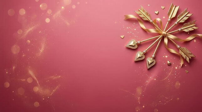 Golden cupid arrows with ribbon on pink background