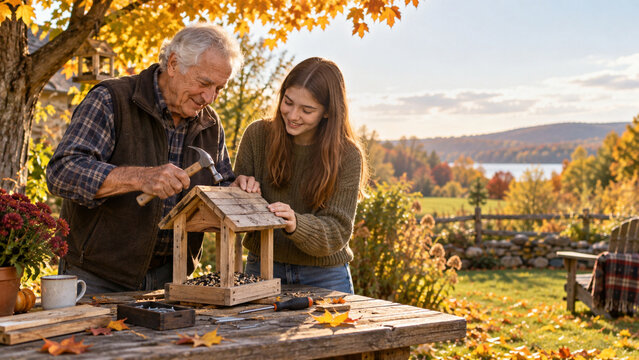 Grossvater und Enkelin reparieren gemeinsam ein Vogelhaus im Herbst
