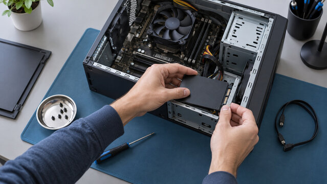 IT-Techniker baut eine SSD in einen Desktop-Computer ein