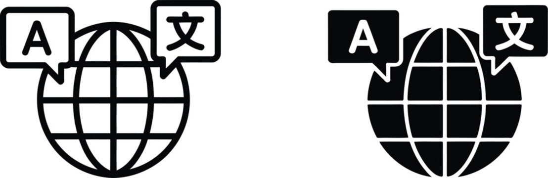 Translate icon vector pictograms representing language conversion, multilingual communication, interpretation, localization, global messaging, and digital services.