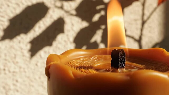 Sunlit amber candle with a blackened wick and fluid wax ridges beneath crisp botanical shadows on a textured cream wall, blending natural firelight with an artistic late afternoon interior mood
