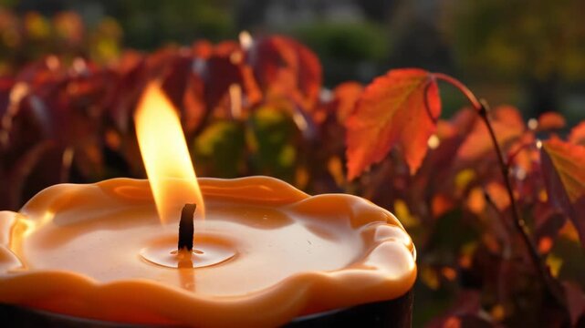 Golden flame leaning above smooth pumpkin toned wax with blurred crimson vine foliage behind, capturing a tranquil seasonal garden moment shaped by breeze, autumn colour, and radiant evening warmth