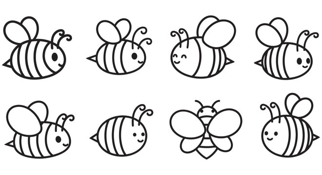 Collection of stylized bee illustrations with simple line art on a white background