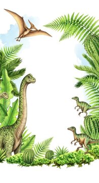 Vibrant watercolor border of prehistoric lush greenery and diverse dinosaurs framing a central white copy space for creative projects, white, botanical, animal
