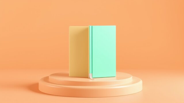 Minimalist composition. Two books stand atop circular pedestal. Soft pastel colors create calm aesthetic. Simple studio lighting.