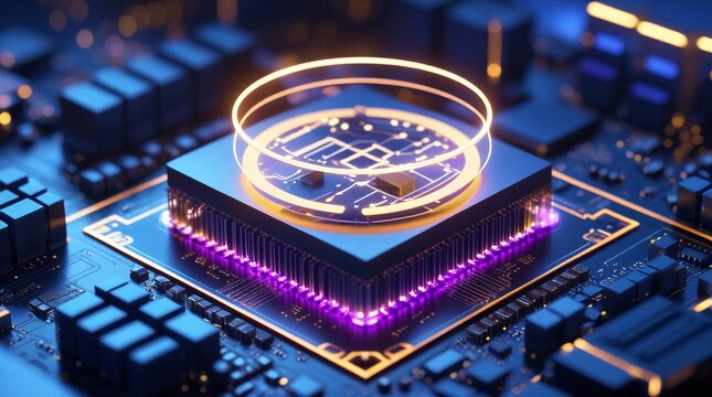 Quantum computing processor and neural network chip 3D isometric concept