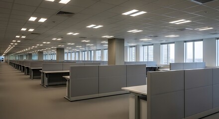 Obraz premium Modern office space with cubicles and windows.