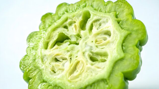 Sliced Bitter Melon Showing Seeds and Ridged Green Skin