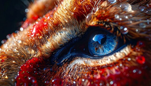 Vivid blue feline iris gazing with intensity through wet fur covered in droplets of water reflecting light in a wild forest environment capturing the raw emotion of a predator lurking in the