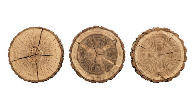 Natural brown wood log cross sections displaying detailed grain rings, rustic bark textures and circular shapes on transparent background