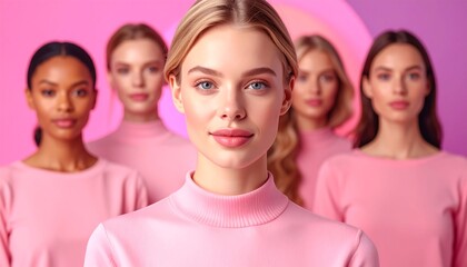 Fototapeta premium Diverse group of young women wearing matching pink tops standing together representing unity and inclusion while smiling at the camera for a commercial lifestyle campaign promoting friendship
