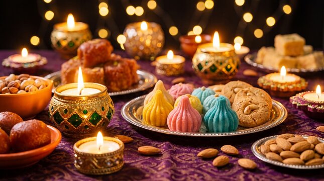 Diwali sweets and treats displayed against a colorful festive background, Diwali, background Generative AI