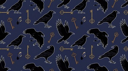 Fototapeta premium Gothic raven and vintage skeleton key seamless pattern background