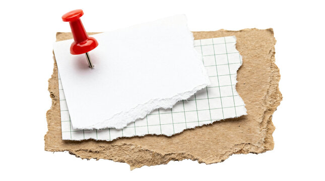 Blank white paper and torn graph sheets attached with a bright red pushpin for important office notes on transparent background