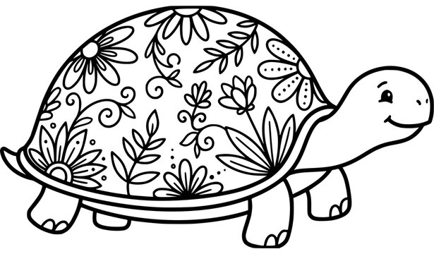 Cute Turtle with Floral Shell Hand Drawn Coloring Book Black Line Vector Illustration