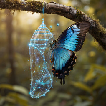 Vibrant blue butterfly resting beside a glowing geometric cocoon on a tree branch in a magical forest
