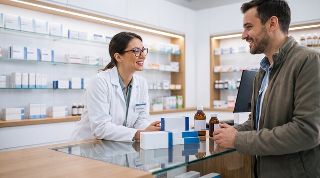 Friendly female pharmacist talking to a male customer at a modern pharmacy counter.