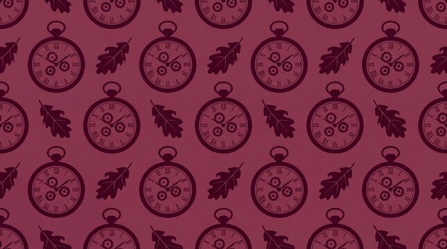 Seamless pattern background with vintage pocket watches and autumn oak leaves