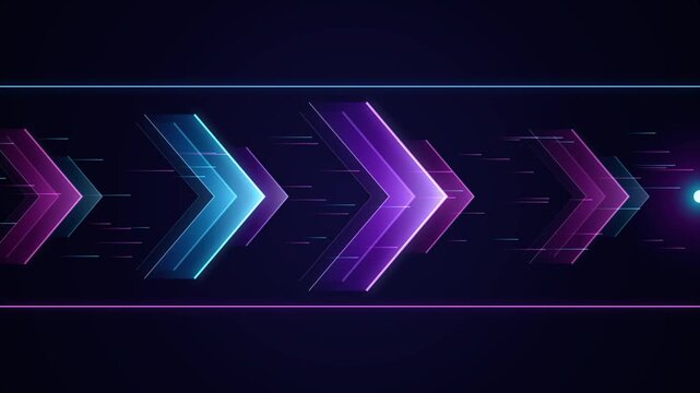 Abstract neon arrows glowing and moving forward in a futuristic digital stream with light trails