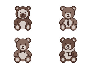 Fototapeta premium Collection of Four Cute Brown Teddy Bear Icons with Different Accessories for Kids Room Decoration and Children Apparel Designs