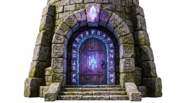 Ancient Enchanted Stone Tower Entrance with Glowing Magical Runes and Mystic Portal Doorway