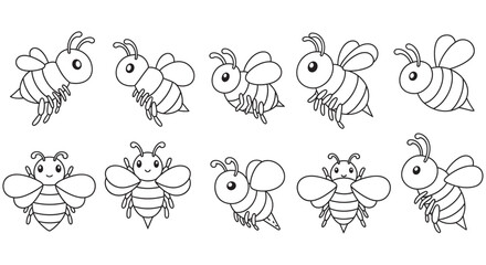 Obraz premium Collection of cartoon bee illustrations with black lines on a white background