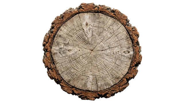 Rustic circular wood cross section showing detailed tree rings and rough brown textured bark isolated as a macro on transparent background