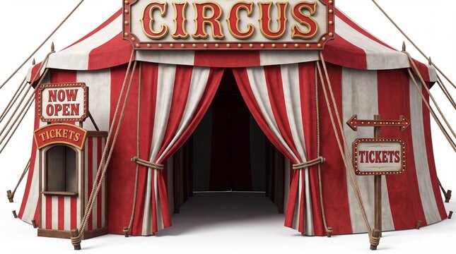 Classic Vintage Red and White Striped Circus Big Top Tent Entrance with Ticket Booth for Entertainment Events