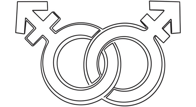 Interlocking male symbols line art on a white background androgynous