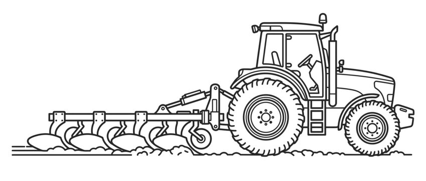 Tractor ploughing field in line art style