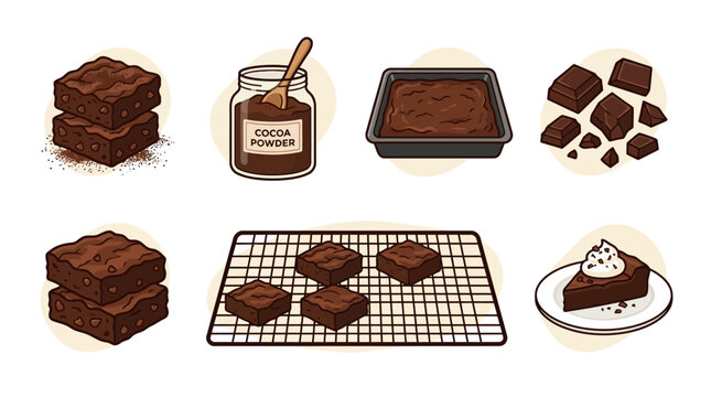 Chocolate Baking Icons Illustration Set Featuring Brownies Cocoa Powder and Dessert Preparation Elements Isolated on White Background