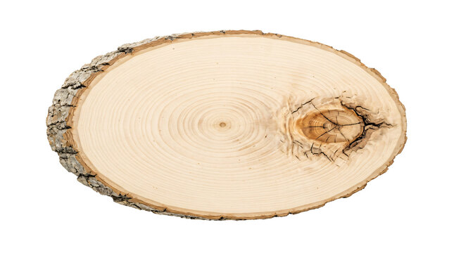 Natural pine wood slice showing beautiful organic tree rings with textured bark edges captured in high resolution on transparent background