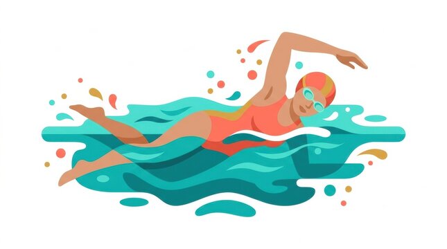 A female swimmer executes a freestyle stroke in a training session at the pool during the daytime. The scene showcases athleticism and empowerment.