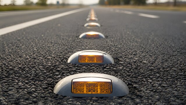 Raised Reflective Pavement Markers Along Highway Lane