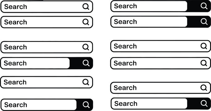 Search bar UI set featuring rounded and rectangular frames with black button forms for website navigation and interface design.
