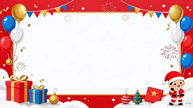 Festive Christmas Holiday Background with Red Border, Balloons, Gifts, and Santa Claus