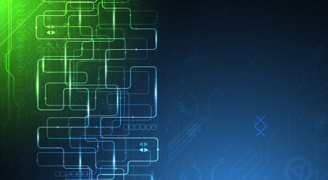 Abstract technology background with glowing electronic circuit board and data flow network