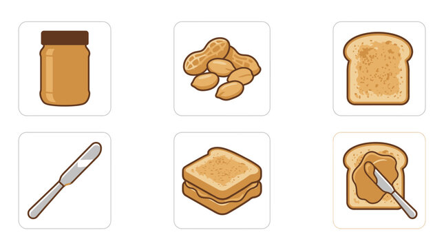 Set of vector icons featuring a peanut butter jar, raw peanuts, toasted bread, a table knife, and a sandwich for breakfast preparation