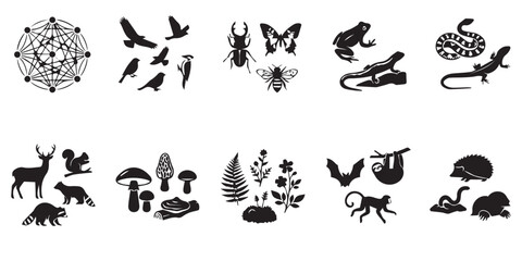 Obraz premium Collection of black silhouette icons featuring diverse wildlife animals plants and geometric patterns. A comprehensive set of vector silhouettes depicting various species of animals, insects