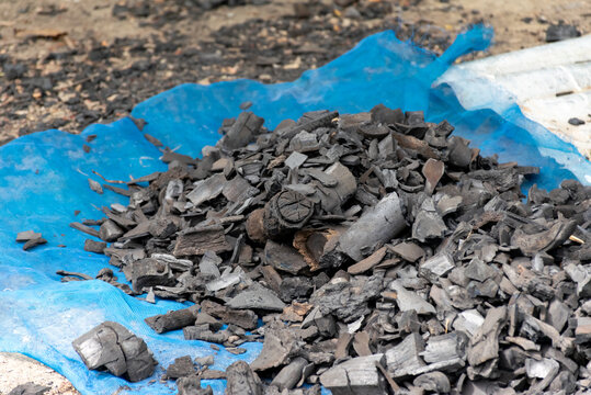 Pile of natural wood charcoal pieces blue mesh sack outdoors representing traditional fuel production biomass energy cooking charcoal industry