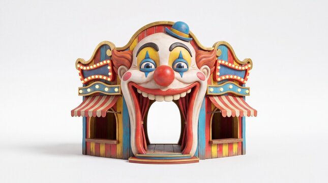 Whimsical Circus Tent Entrance Featuring a Detailed Clown Face Design for Festive Entertainment and Themed Event Attractions